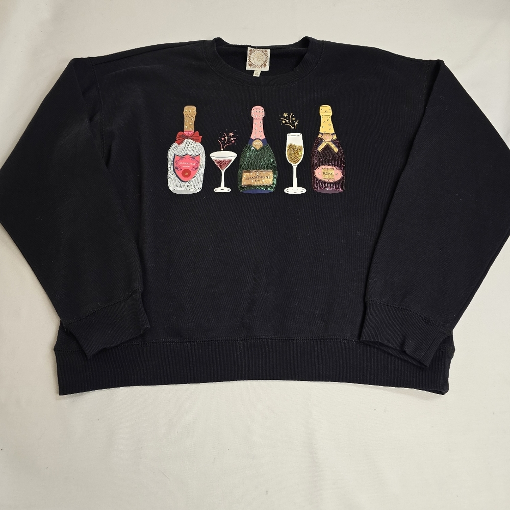 Champagne Wine Celebration Sequin Crewneck Sweatshirt Women's L